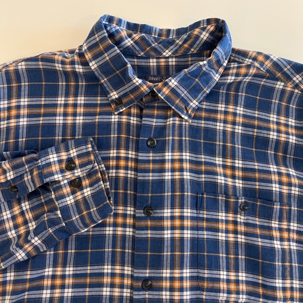 Johnnie-O Surflannel Mens Large Blue Orange Plaid Button Down Lightweight Shirt